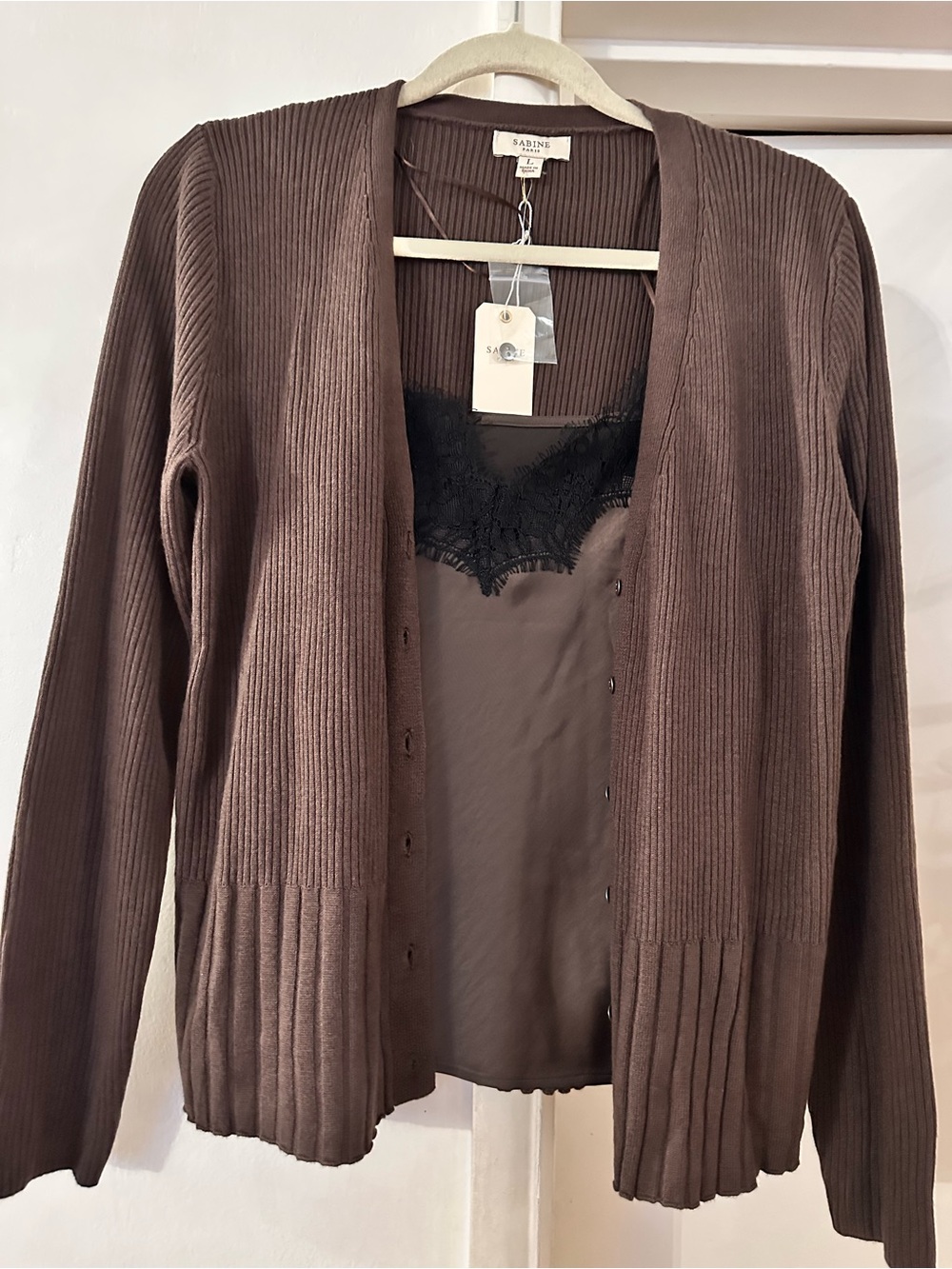 Sabine Brown Ribbed Cardigan with Black Lace-Trim Cami